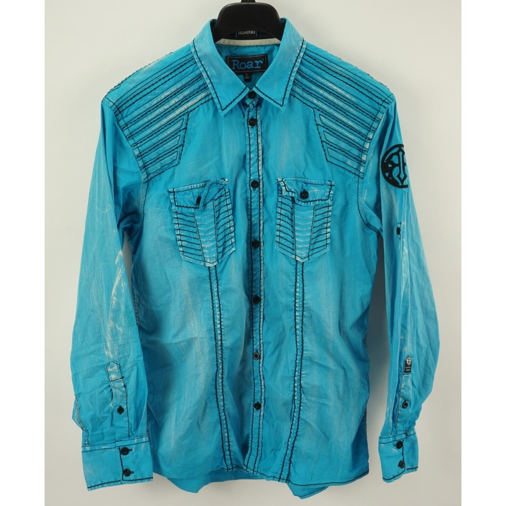 Roar General II Mens Large Slim Roll Tab Blue Distressed Western Button Up Shirt